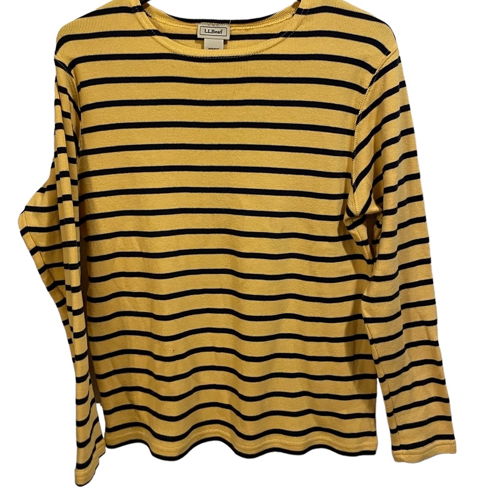 L.L.Bean 90s Yellow Black Horizontal Striped Stretch Knit Long Sleeve Sweater